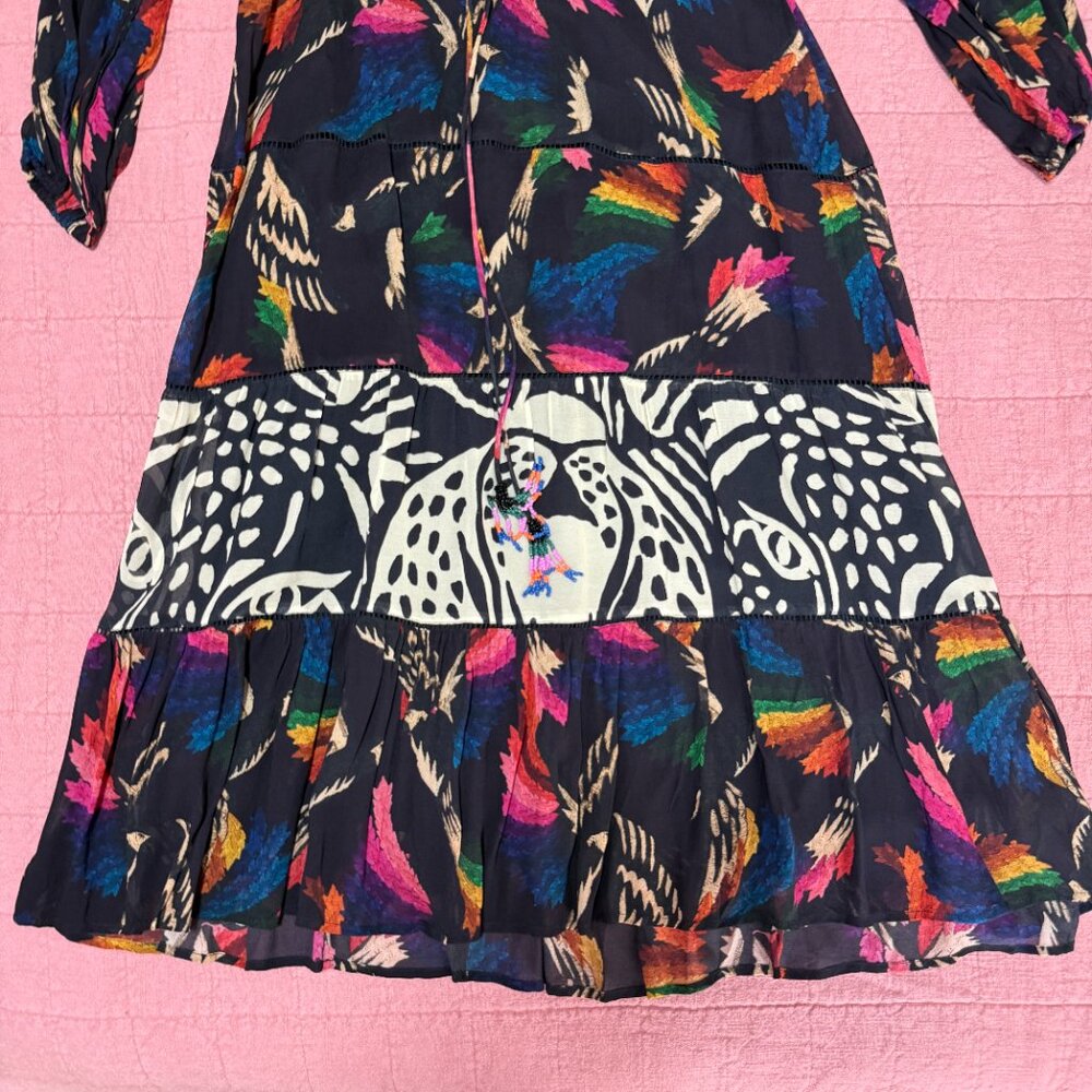 Farm Rio Black Macaws Flight Maxi Dress Tie Neck Leopard Tiered Animal Print XS - Picture 6 of 10